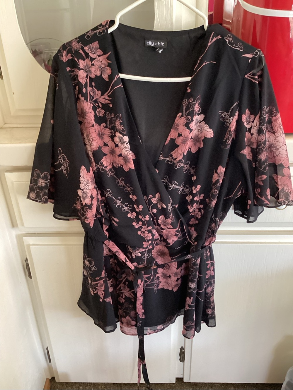 City Chic Black Wrap Top with Rose Floral Print